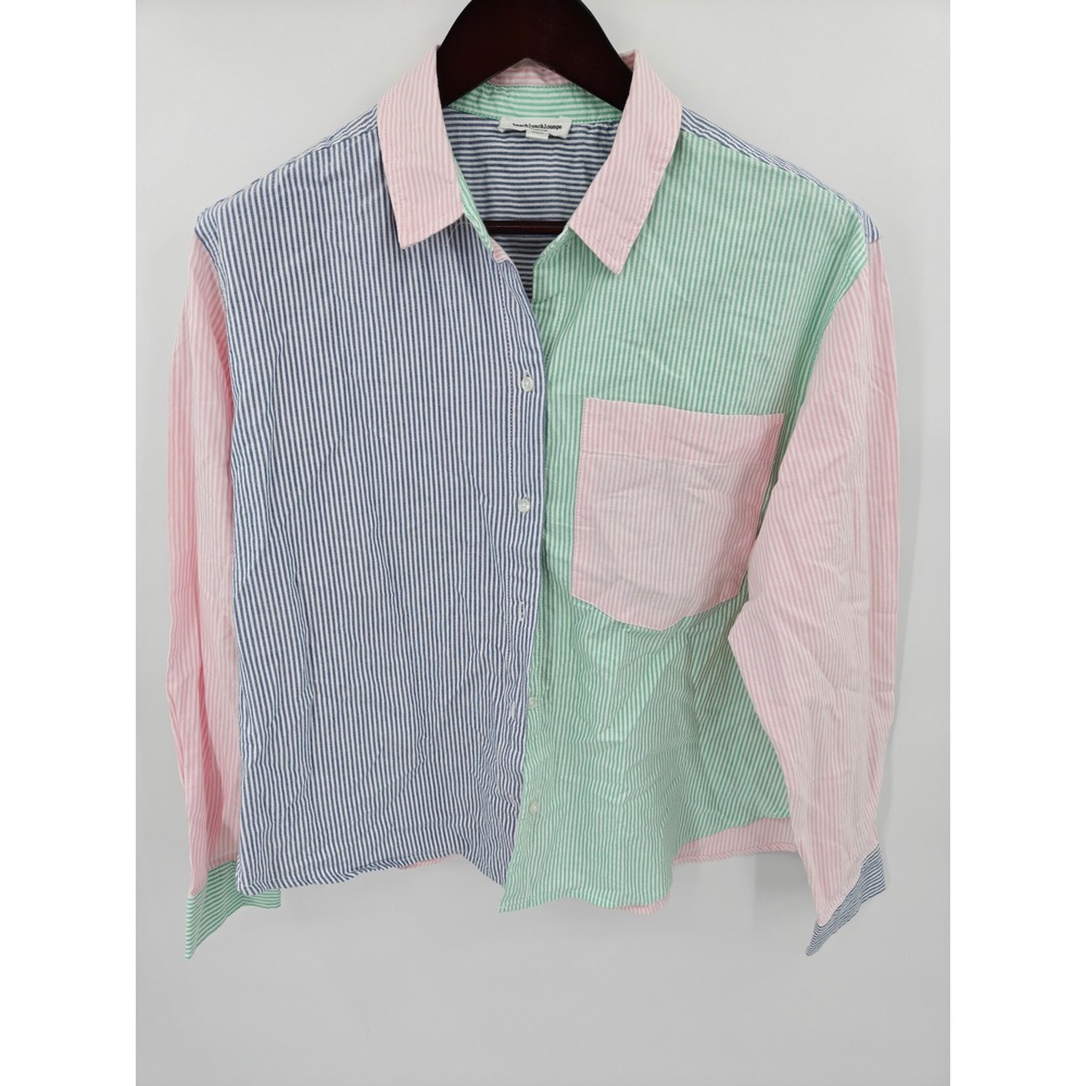 Beachlunchlounge Womens Colorblock Pinstripe Button Down Shirt Pink Blue L